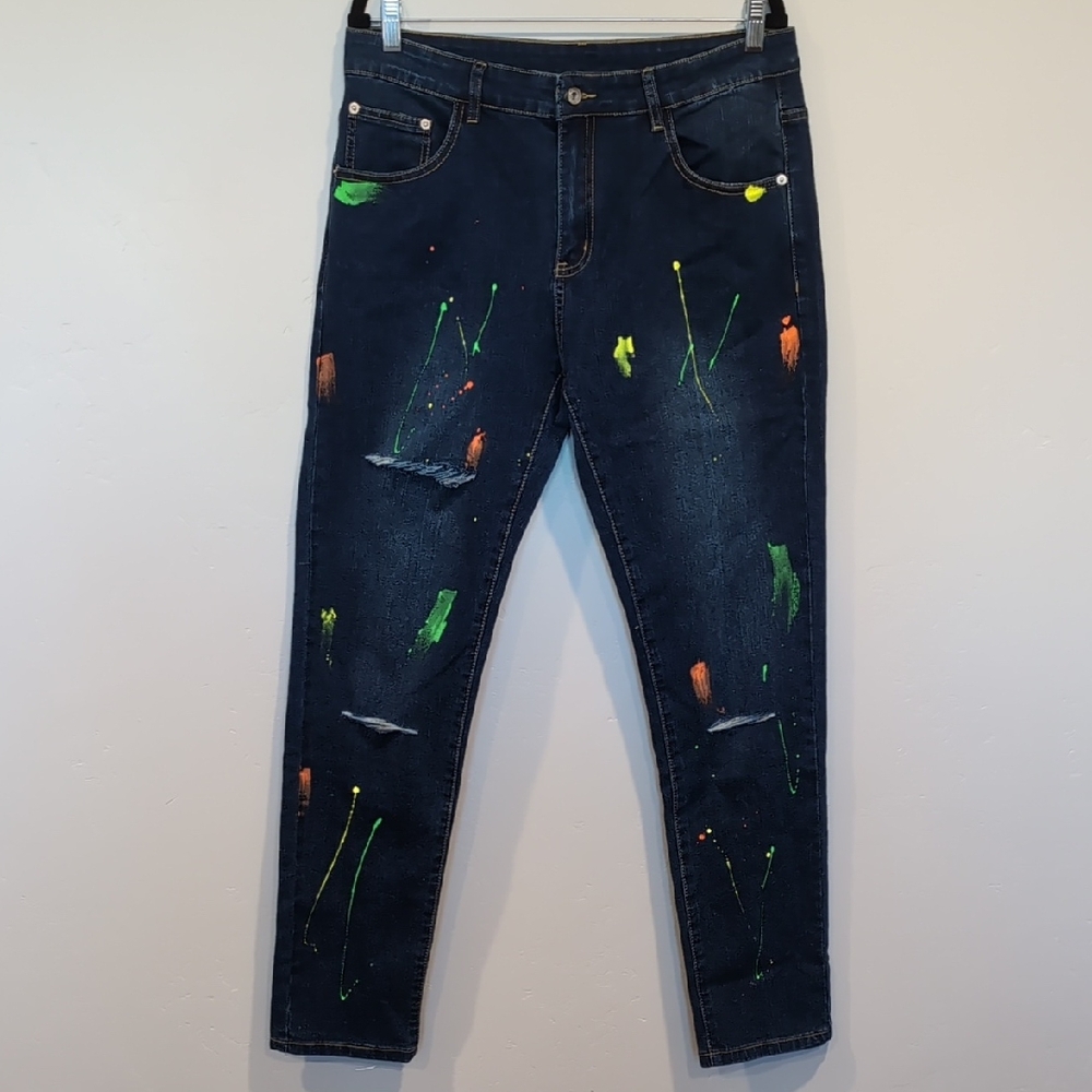 SHEIN Dark Wash Paint Splatter Ripped Distressed Jeans Size 34